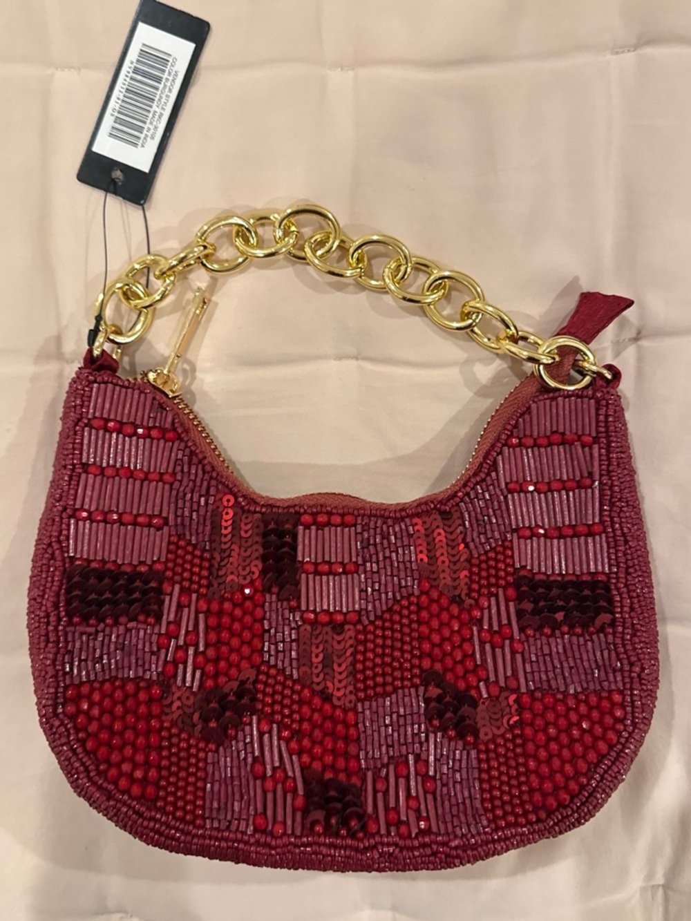 Lulu's Red Beaded Mini Shoulder Bag with Gold Chain - Picture 1 of 2